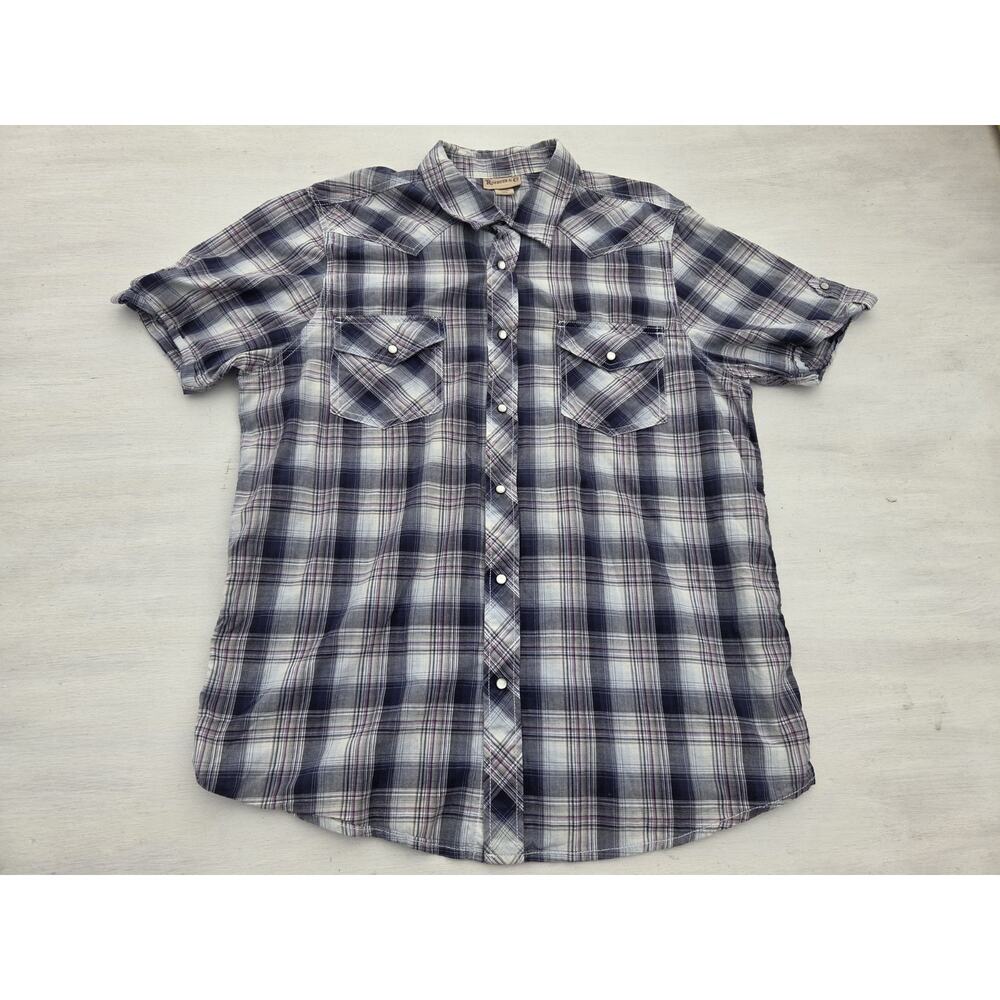 Roebuck and Co Sears Pearl Snap Button Shirt Short Sleeve Purple Plaid XL